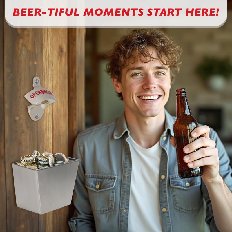 kilofly 2 SETS Beer Bottle Opener Cap Catcher Bucket Man Cave Gift Wall Mounted - Image 3